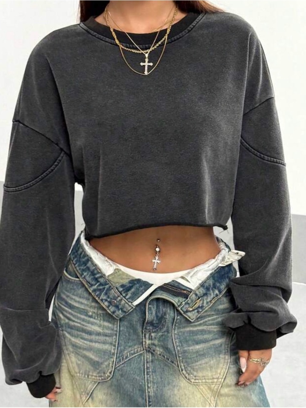 SHEIN Washed Charcoal Cropped Sweatshirt